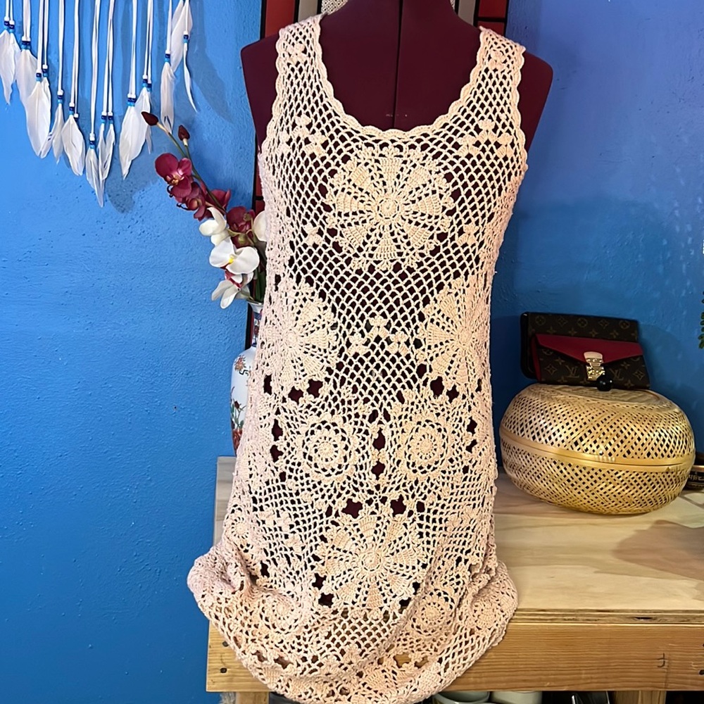 Boston Proper 100% cotton crochet hand knit beach festival coverup dress layer